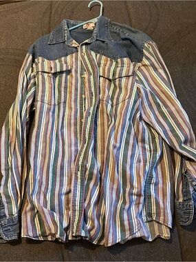 Vintage Just Western Shirt XL 100% Cotton Denim Yoke Striped Colorblock 80s 90s